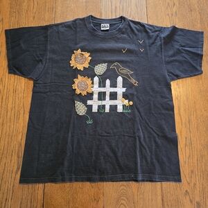 Vintage 90s KEY Elements Sunflower Crow Appliqué Tee USA XL Cottagecore Farm